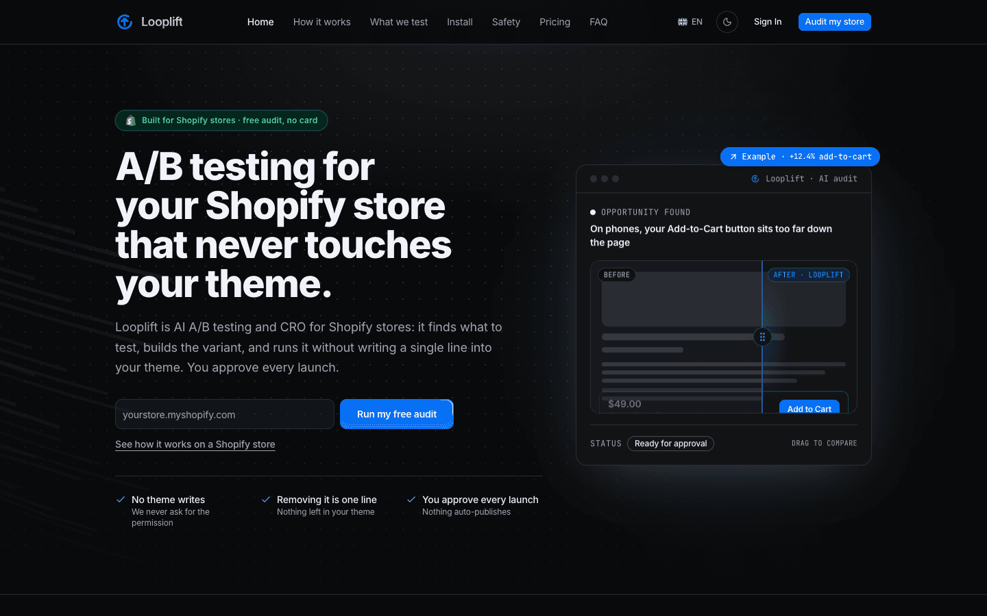 Public landing page with an illustrative experiment example.