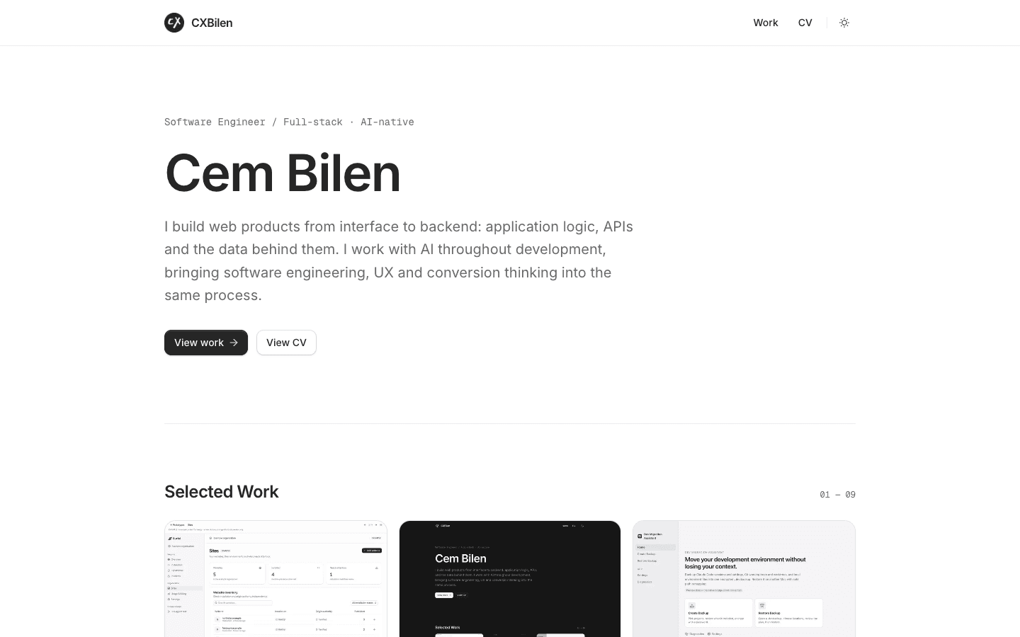 Personal website in the light theme on desktop.