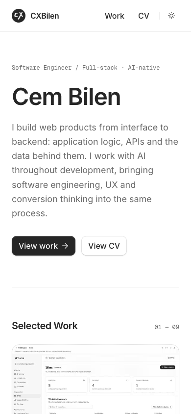Responsive personal website on a 390 px mobile viewport.