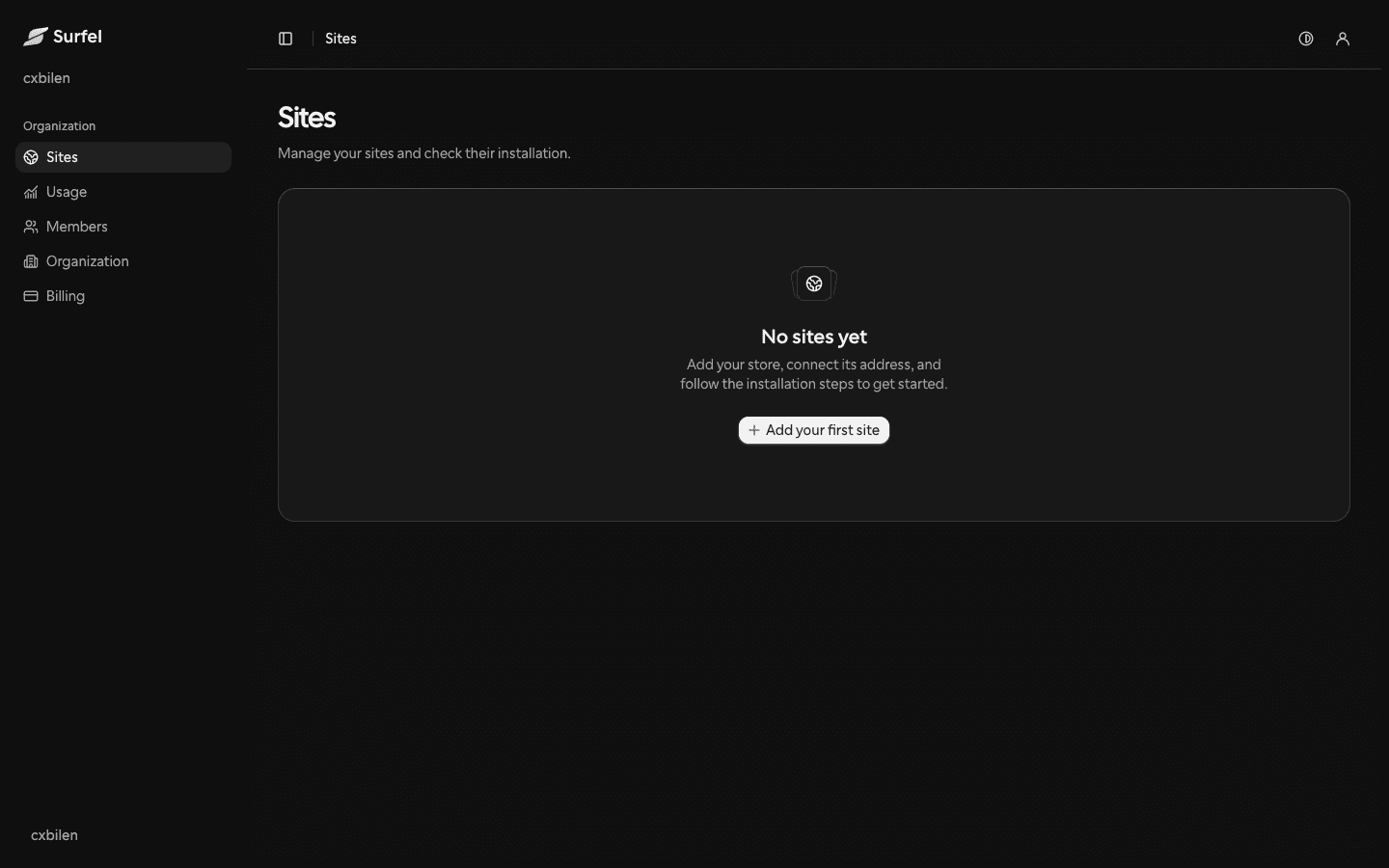 Site management in the live account; no sites added in this view.