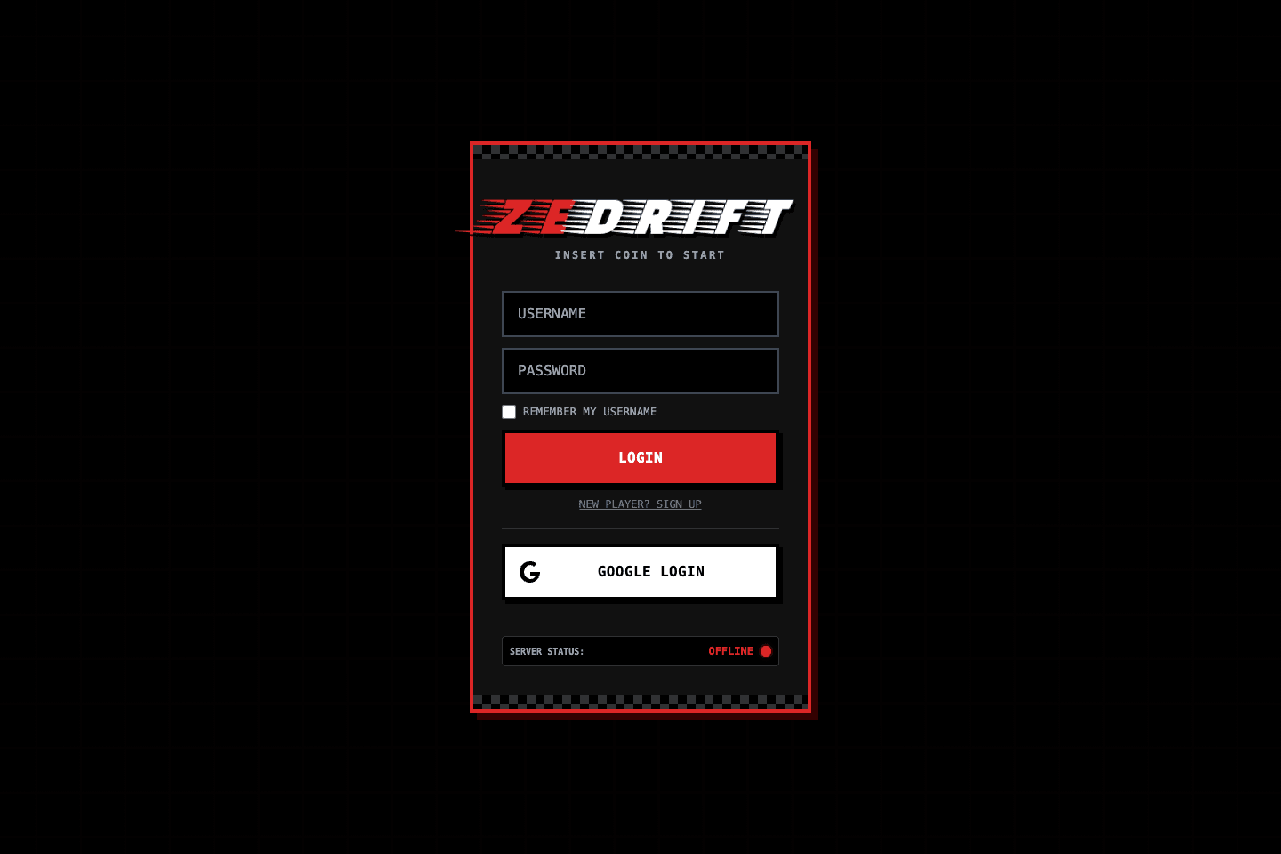 Player sign-in in a local frontend session; server offline.