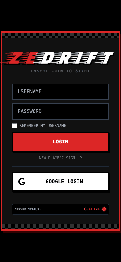 Responsive player sign-in interface in the local frontend; server offline.