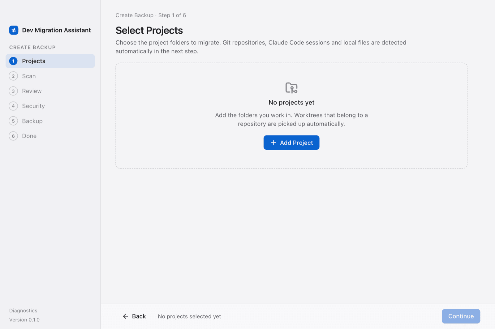 Project selection in the backup wizard; development preview.