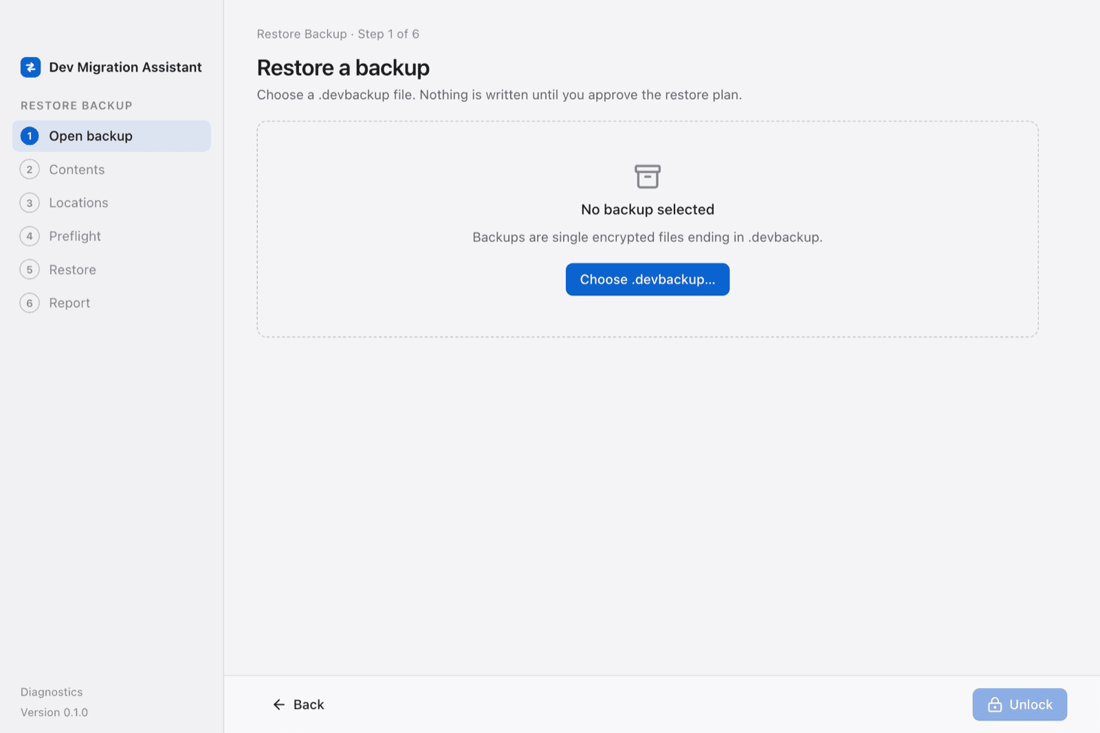 Opening an archive in the restore wizard; development preview.