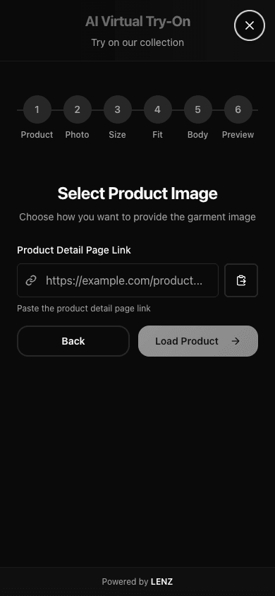 Garment URL input in the public demo on mobile.