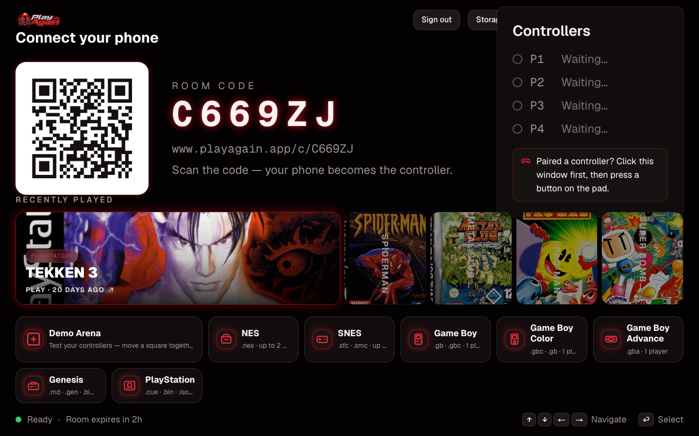 Live host room with QR pairing and console choices.