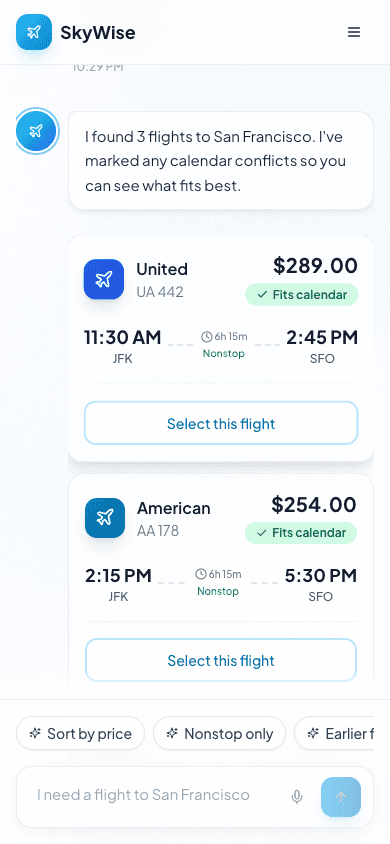The same flight selection flow on mobile; sample flights.