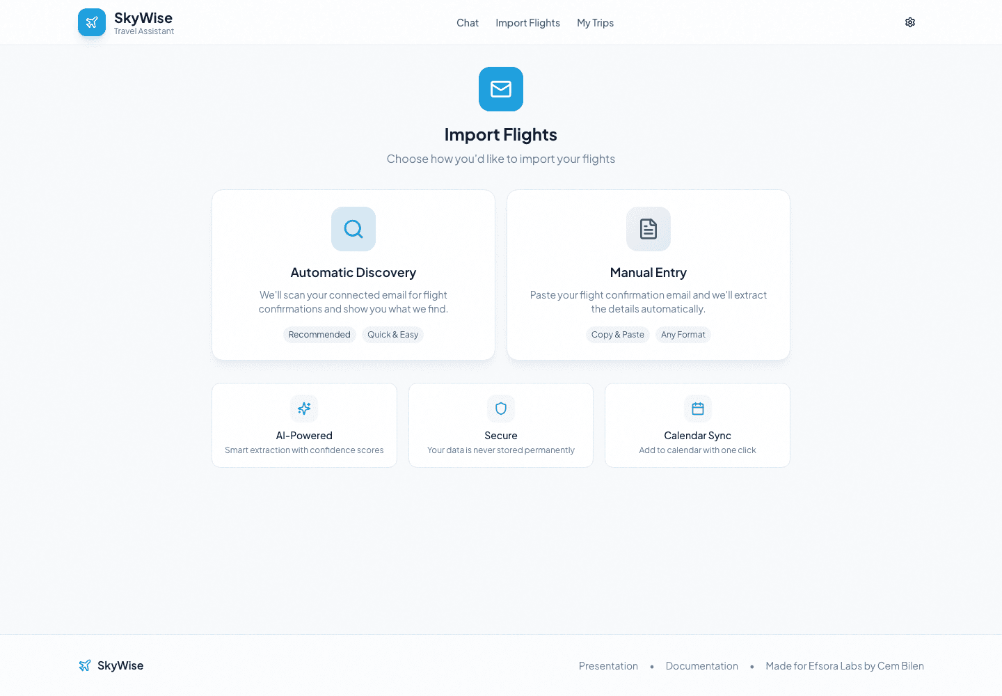 Travel import flow with simulated integration data.